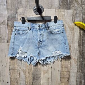Hidden Ripped Distressed Light Wash Button Fly Jean Denim Shorts Jorts